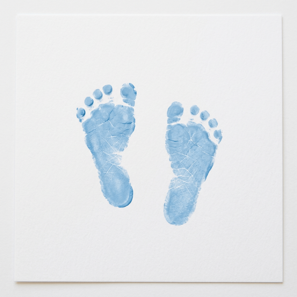 Blue ink prints of left and right baby feet on white paper